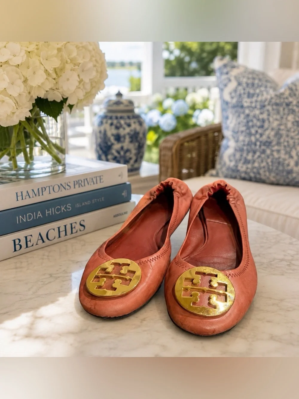 Tory Burch burgundy leather Flats with Gold Emblem size 9.5